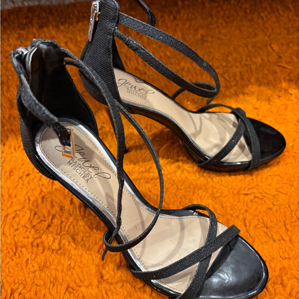 Jewel Badgley Mischka Black Strappy Heels— worn only once for birthday!